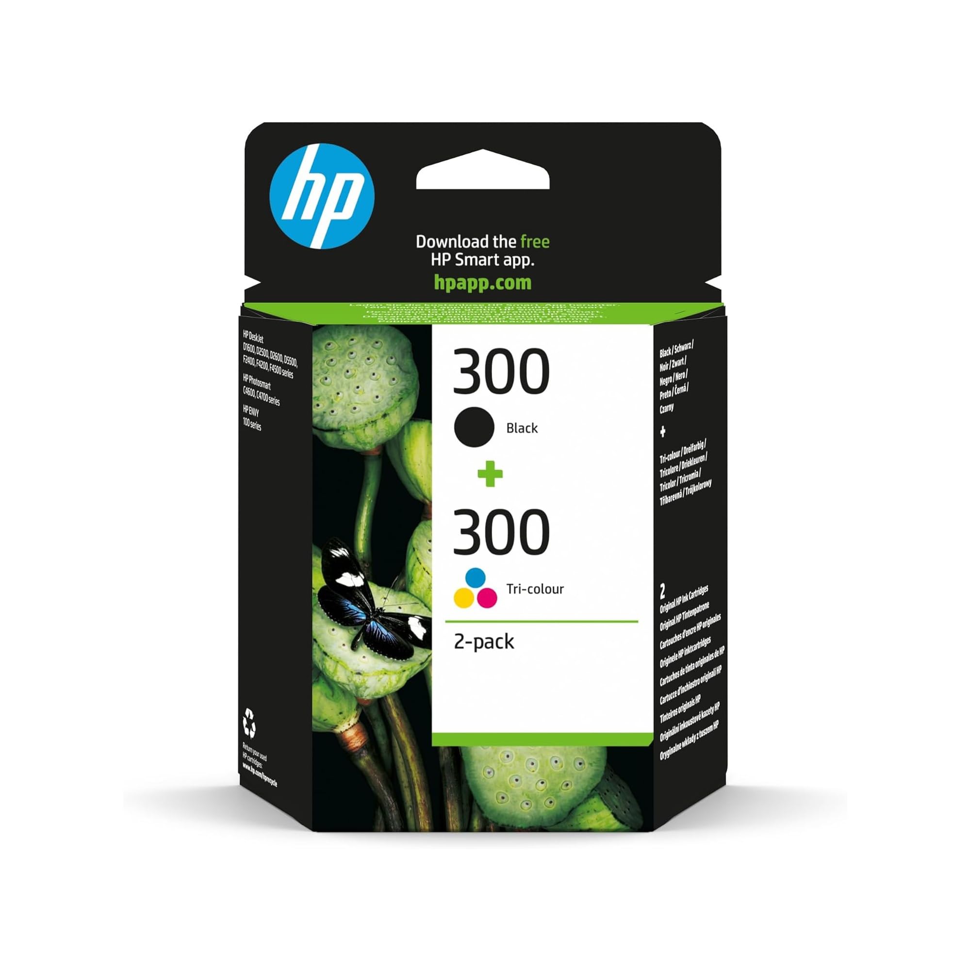 HP 300 Negro y Tricolor, Pack de 2 Cartuchos de Tinta Originales | Compatible con HP DeskJet D2560, D2660, F4280, F4224, Photosmart Serie C, 200 páginas (CN637EE)