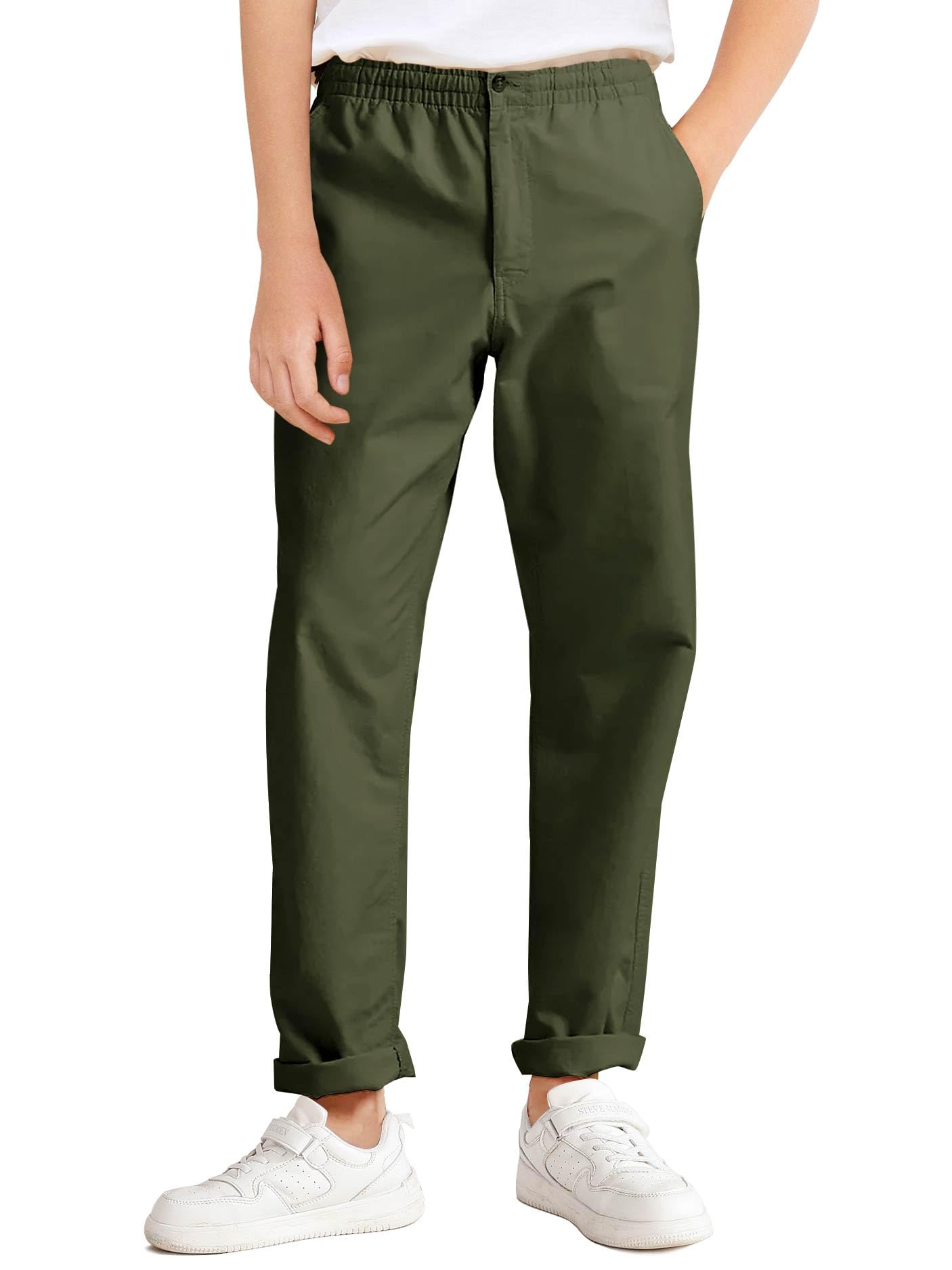 Haloumoning Pantaloni chino per uniforme scolastica, per bambini, in twill | Pantaloni elasticizzati in vita per bambini, pantaloni casual da ragazzo con tasche