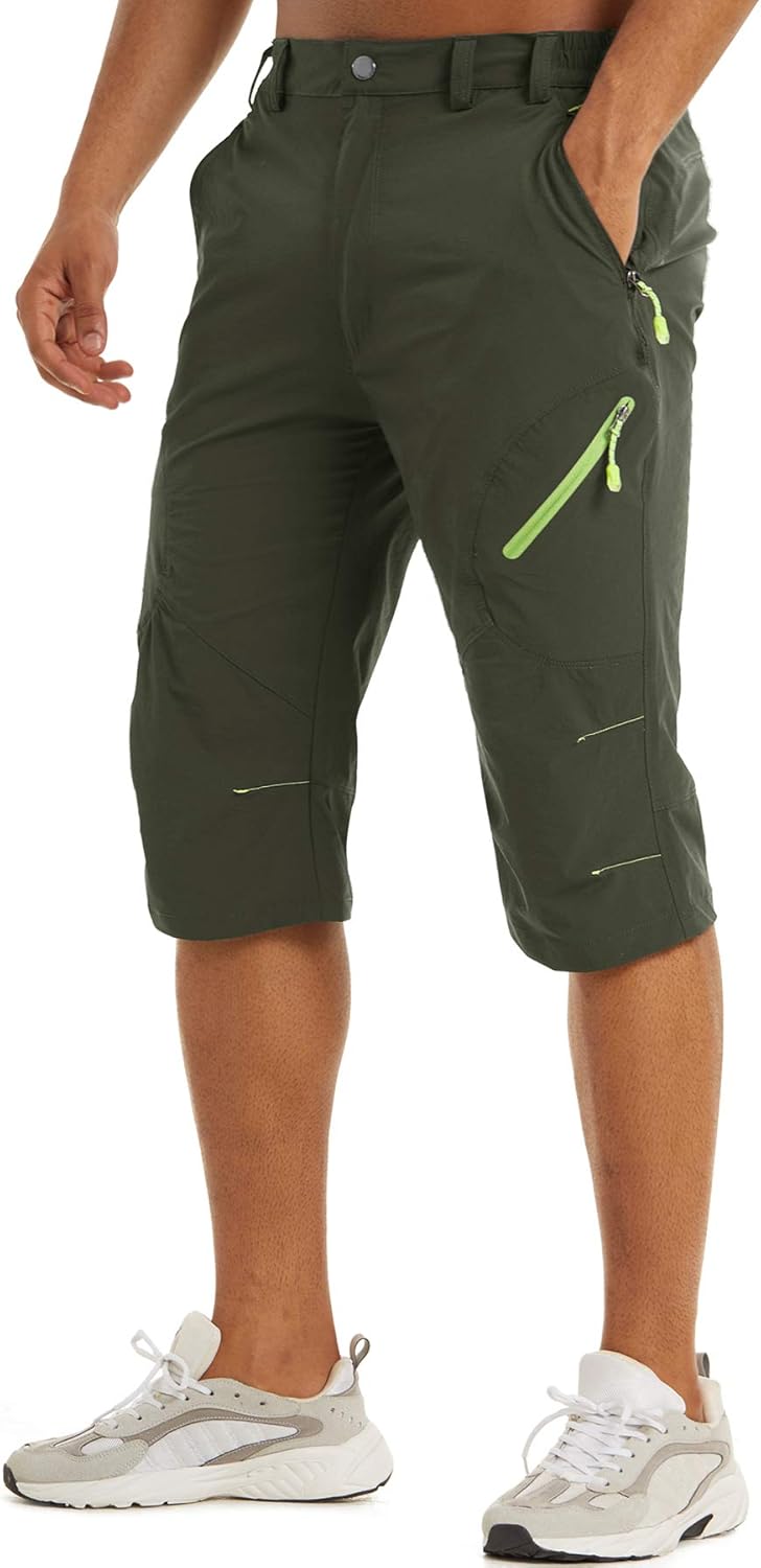 TACVASEN Mens Capri Shorts Mens with Zipper Pockets Shorts Mens Green Capri Shorts below Knee Shorts Mens Capri Shorts