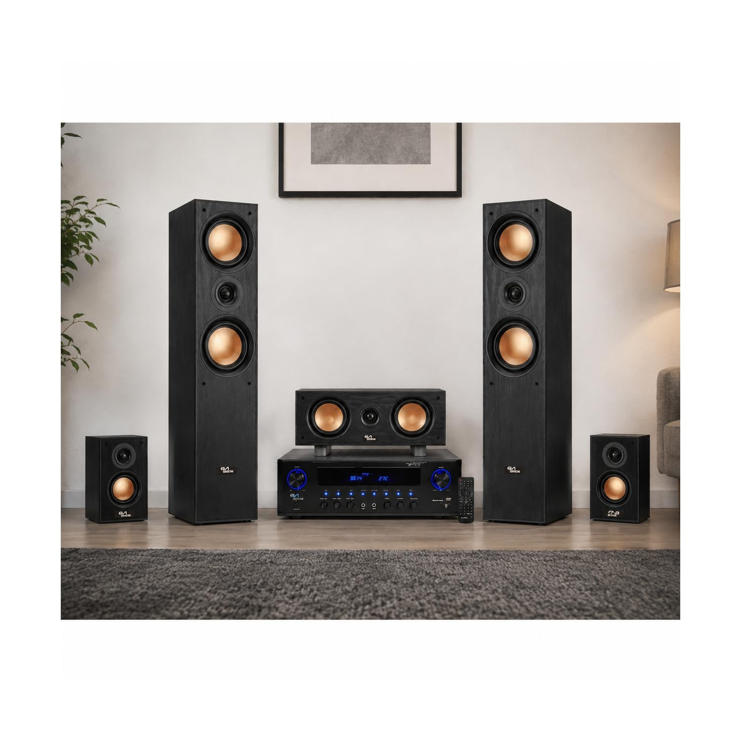 Evidence Acoustics Pack Home Cinéma 5.1-850W - Amplificateur Karaoke 2x50W + 3x20W - Entrée USB SD AUX DVD FM, Micros filaires