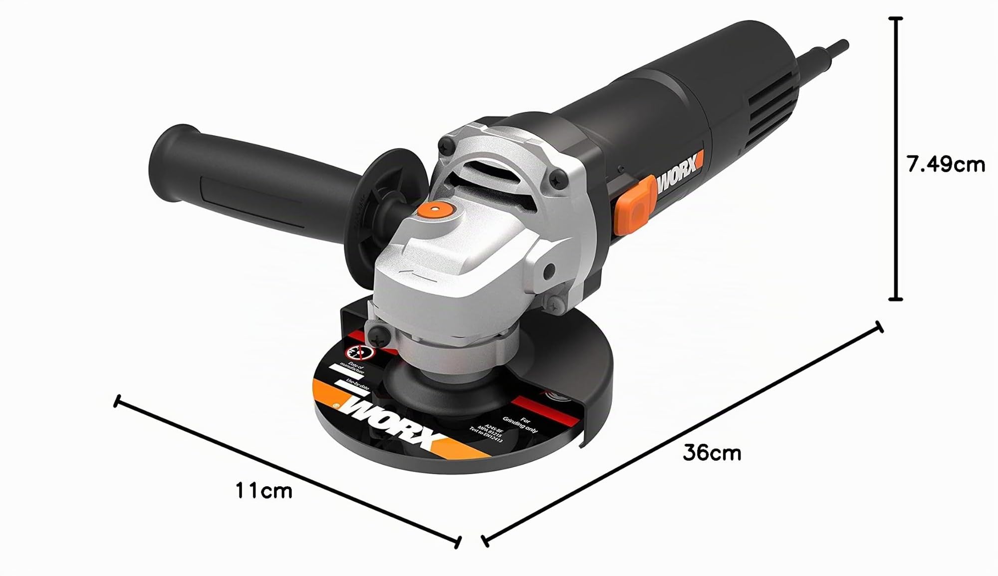WORX Amoladora angular WX718 de 900 W. Amoladora compacta con mango ajustable y mango adicional sin vibraciones para lijar y cortar. Diámetro del disco de 125 mm. Velocidad de ralentí 12000/m