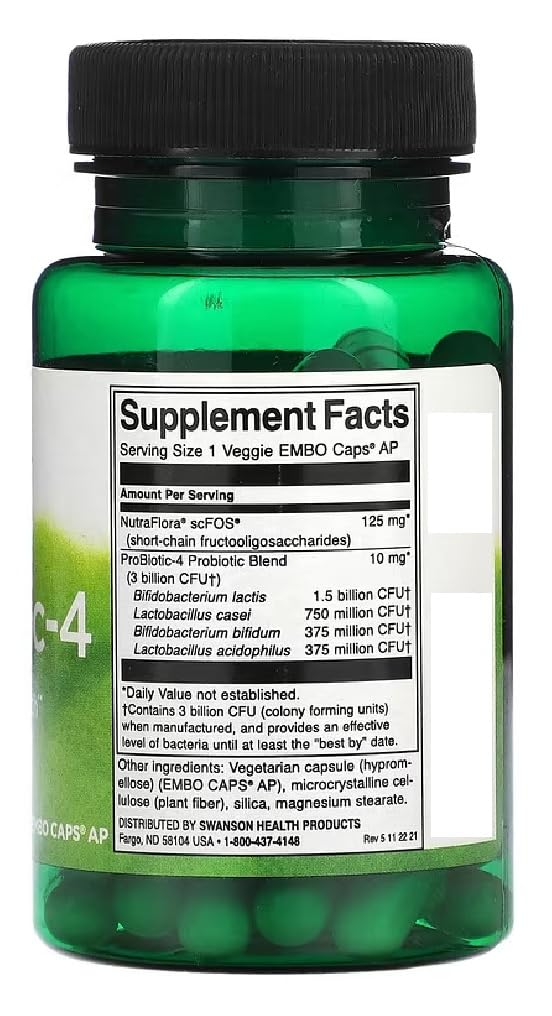 Swanson - Probiotic-4 | Nahrungsergänzungsmittel für Darmgesundheit und Wohlbefinden - 60 Kapseln