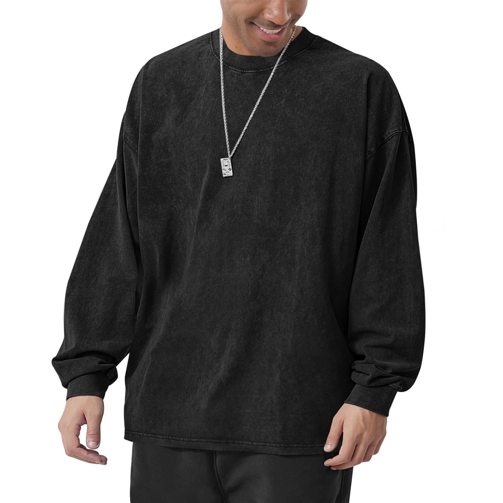 Men's Oversized Cotton T-Shirts Heavy Weight Crew Neck Vintage Wash Tee Long Sleeve Casual Gym Workout Tops