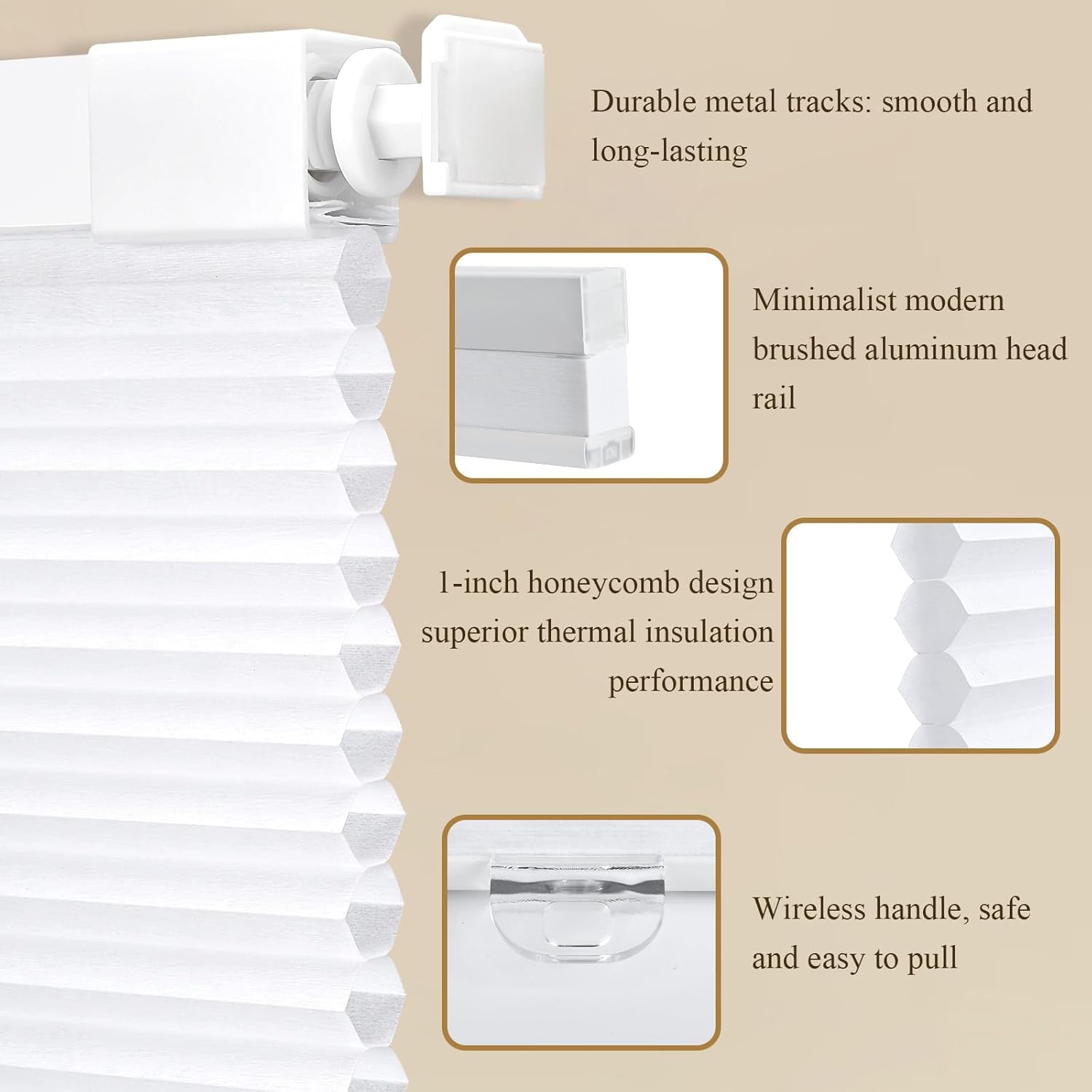 SERLMWNT No Drill Cordless Cellular Shades, Blackout Honeycomb Blinds, Thermal Insulated & Noise Reducing Window Coverings for Bedroom, Kitchen, Living Room,White,27" W×36" H