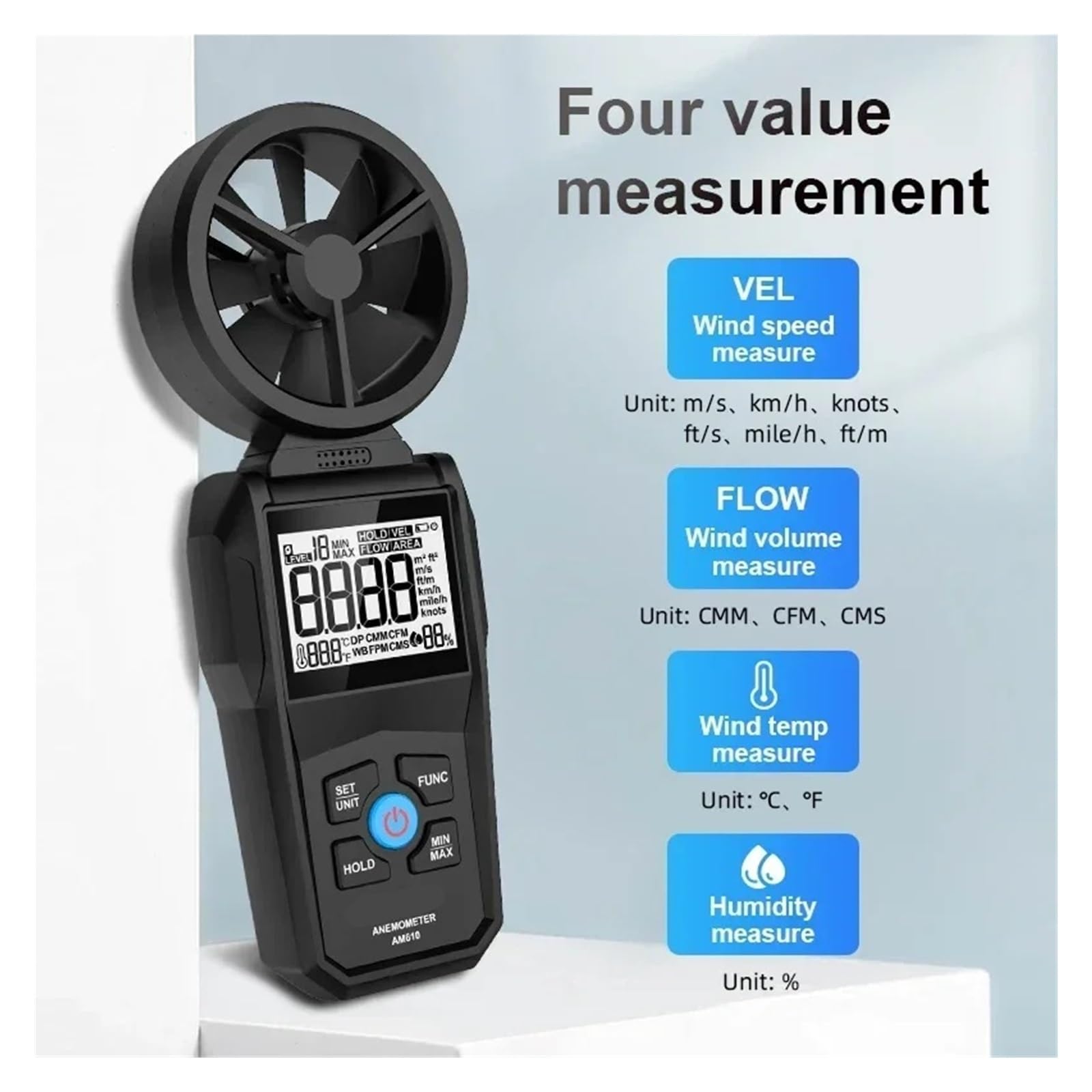 AM610 Digital LCD Windgeschwindigkeit Anemometer Windmesser Luftgeschwindigkeitstester Windrichtungsgeschwindigkeitsmesser Windgeschwindigkeitsdetektor
