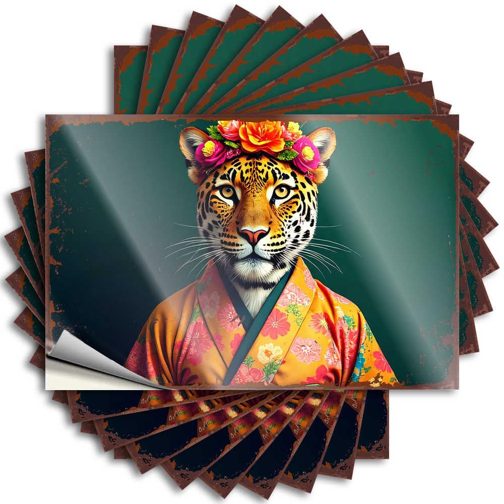 Fzfn Colour Floral Crowned Tiger In Traditional Kimono Cats Stickers | Home Decor Accessories Waterproof Vinyl Bottle Friends Removable Decal Peel Stick(6X9cm)