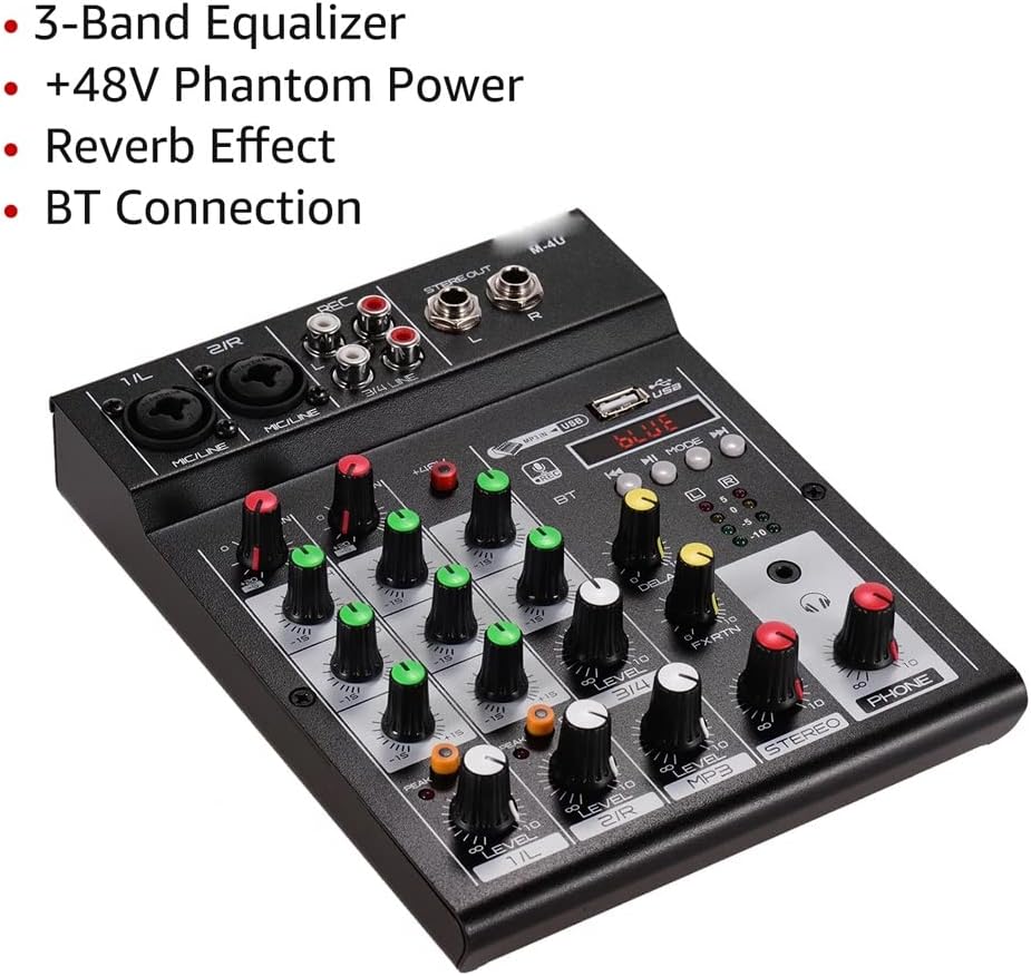M-4U Portable 4-Channel BT Mixing Console Digital Audio Mixer Built-in Reverb Effects 3-Band EQ