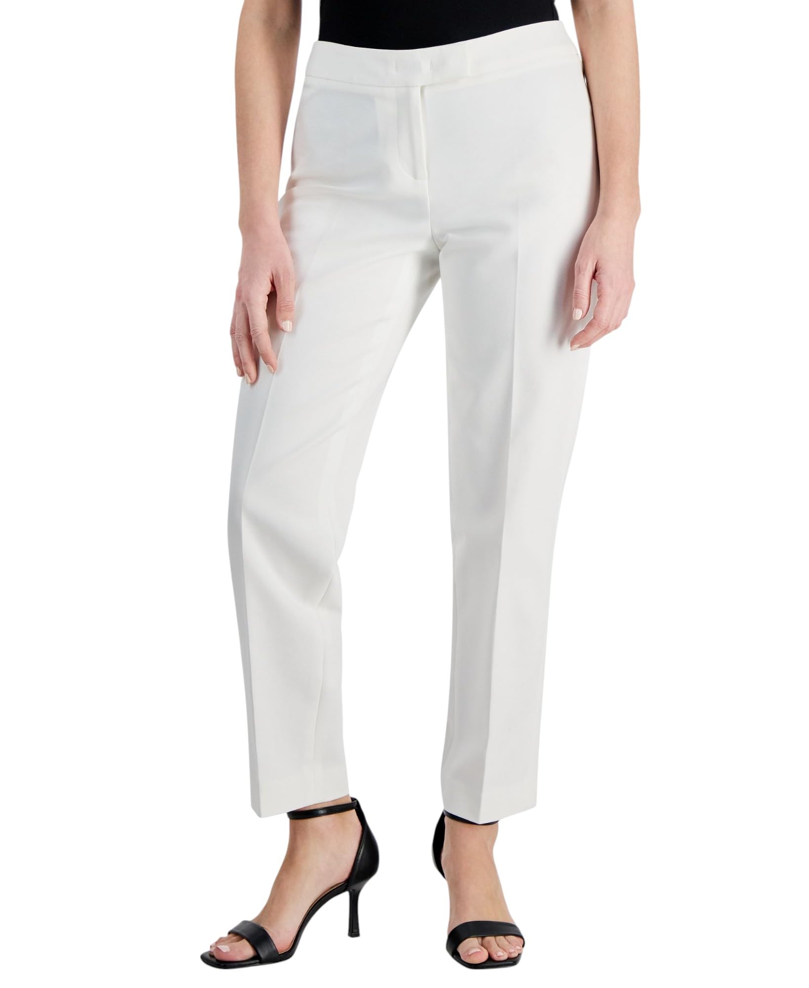 Anne Klein Womens Petite Mid Rise Extended Tab Straight-Leg Pants Bright White 12P
