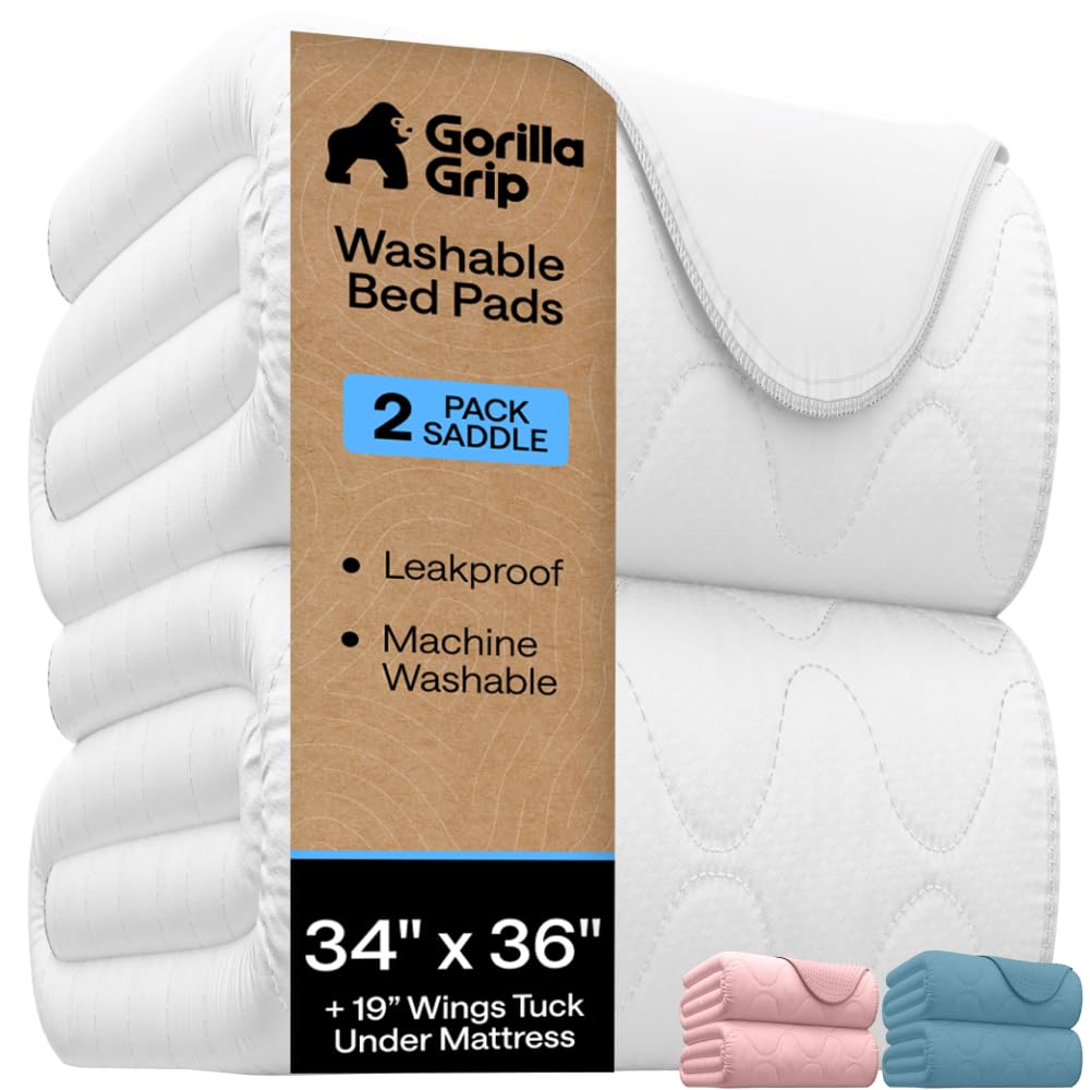 GORILLA GRIP Washable Reusable Underpads, 34x36+19in Wings, 2 Pack, White