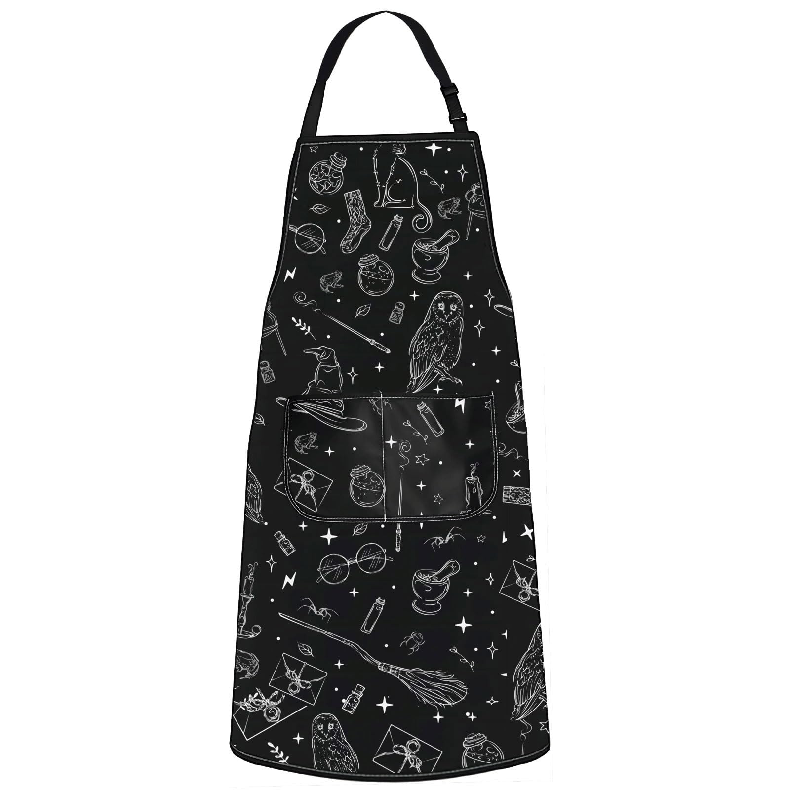 WZMPA Magic Wizard Kitchen Apron With Pockets Spooky Witch Gift Gothic Magic Adjustable Apron For Cooking Baking Grilling, Black, M