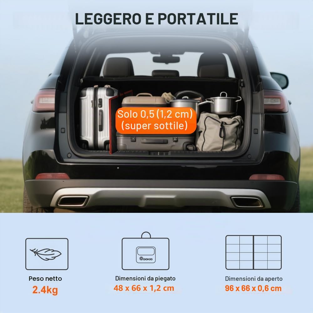 DOKIO 100W Pannello Solare Portatile (2,4kg, 48 * 66 * 1,2cm) Mobile e Pieghevole + 10A Regolatore con Presa USB 5V 2A