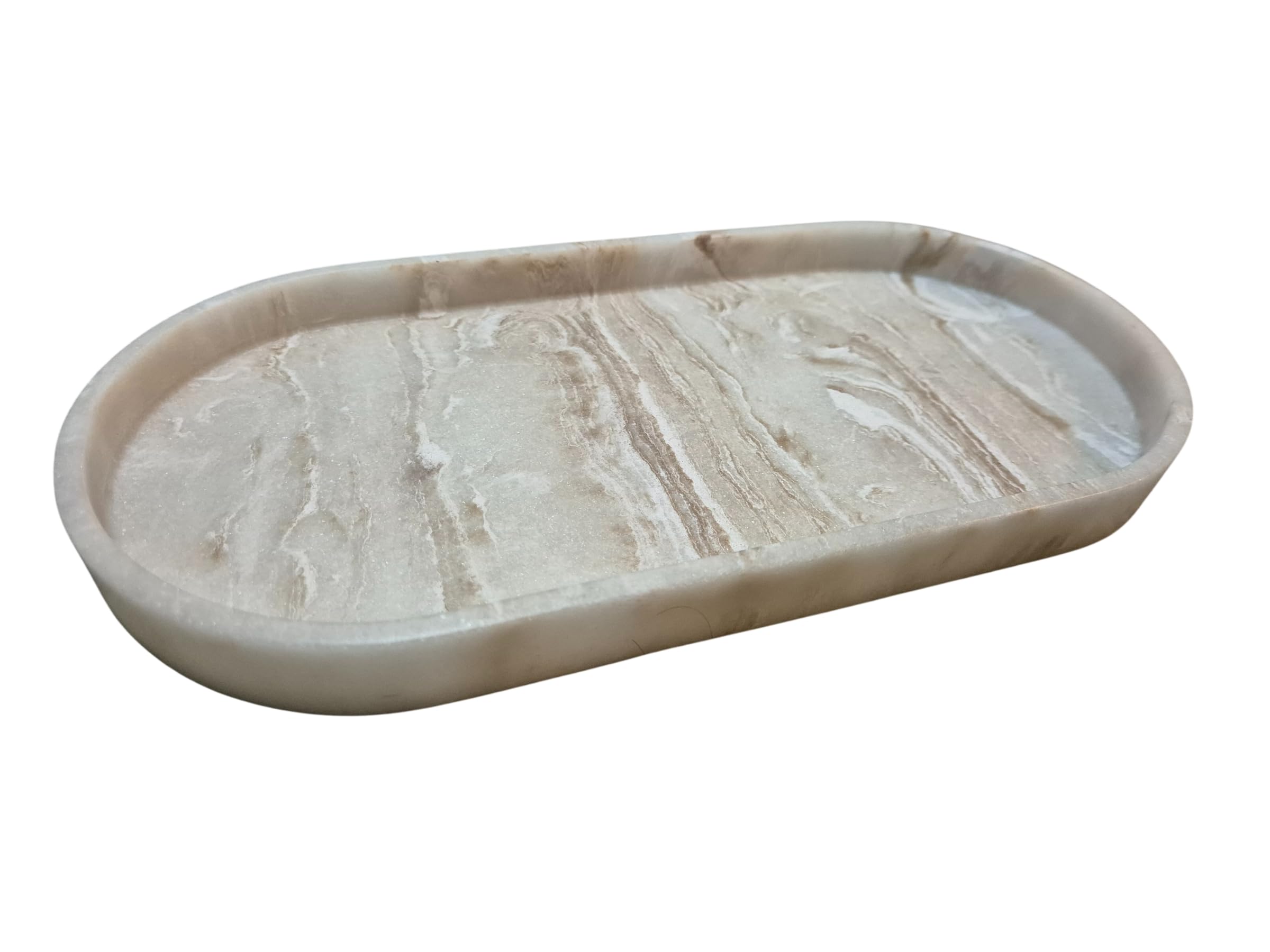 AKSHIDE Natural Marble Oval Vanity Tray, Beige, 25 x 11.5 x 2 cm, Countertop Organiser for Cosmetics, Perfume and Home Decor (Natural-Oval)