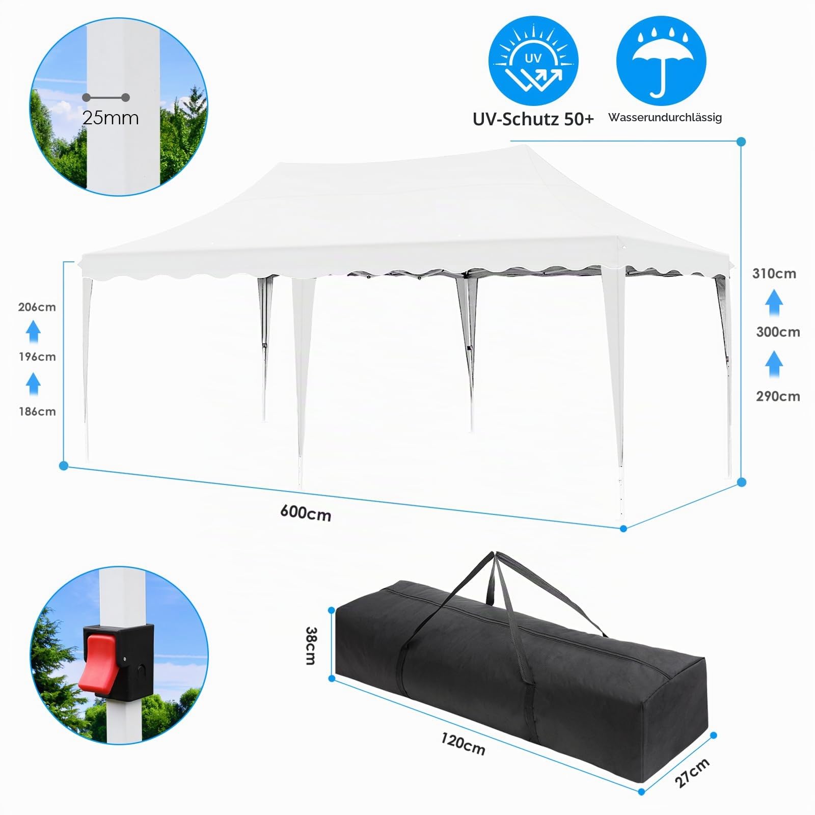 Pavillon 3x6, 290-300-310CM Hoch, Faltpavillon 3x6 Wasserdicht Stabil, UV Schutz 50+, Partyzelt mit 6 Seitenwänden, 12 Erdhaken 6 Seile und 6 Sandsäcke, Pavillon für Camping Hochzeiten Markt, Weiß