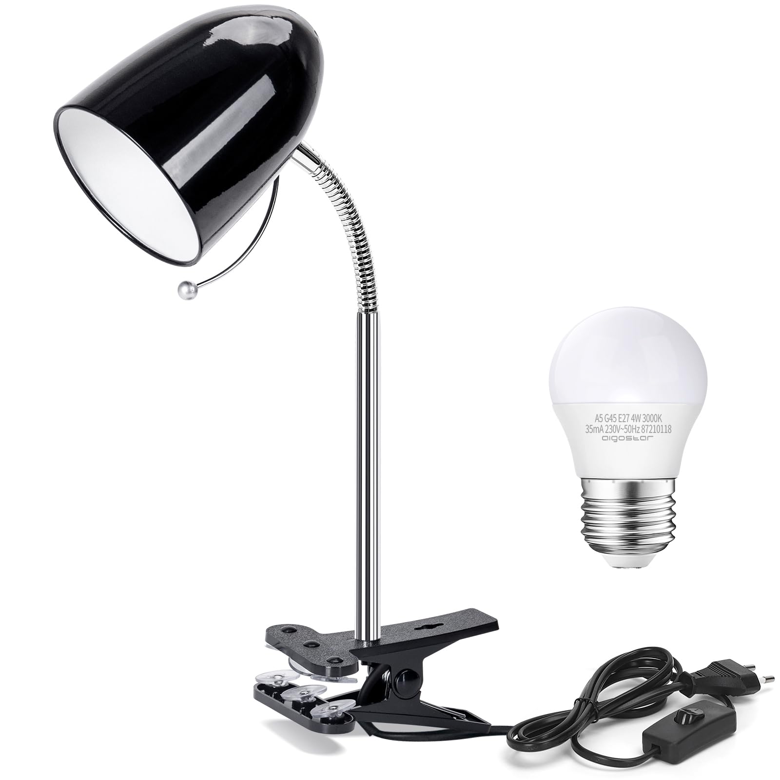 Aigostar Lámpara de Escritorio con Pinza, Flexo LED Escritorio Retro de Metal con Cable, Flexo de Pinza con E27 Bombilla LED, 3000K Luz cálida, Luz Lectura con Clip Ra≥80, Máx 240V, Negro