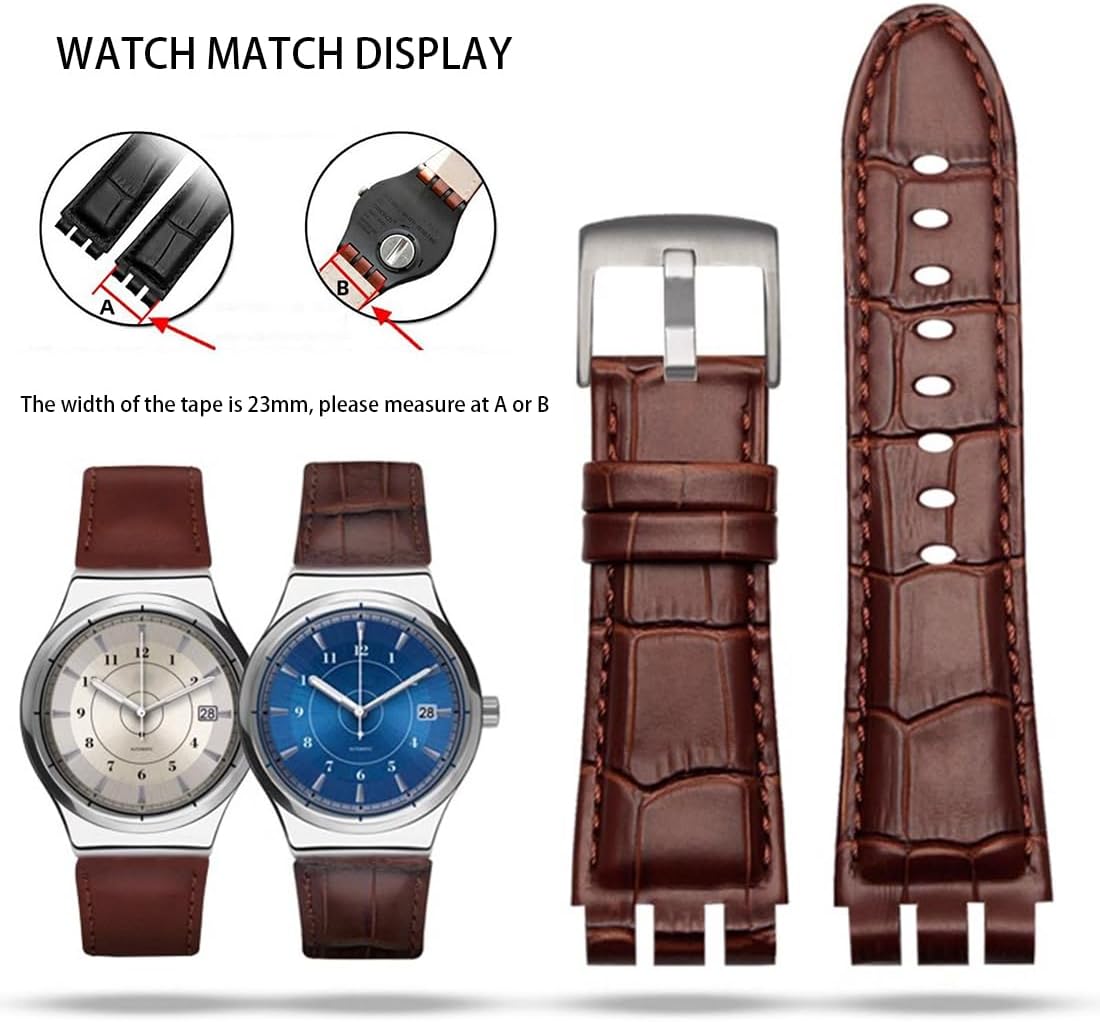 SWATCH Cow Leather Stainless Steel Buckle Watch Band with Tool Watch Width 23mm Large Leather Strap Replacement for Men's Swatch YOS440 449 401 447