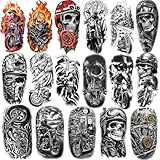 Motorcycle Temporary Tattoos for Adults and Kids, 77 Waterproof Fake Tattoos, 17 Half Arm Sheets and 60 Small Sheets Motocross Racing Rider Dirt Bike Skull Design