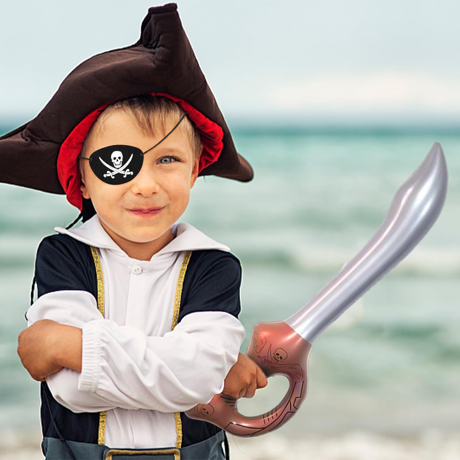 Set 4 Spade Gonfiabili E 4 Bende Per Occhi Da Pirata: Accessori Costume Per Feste A Tema, Carnevale E Compleanni - Sciabole PVC 56cm, Fasce In Feltro Nero - 5