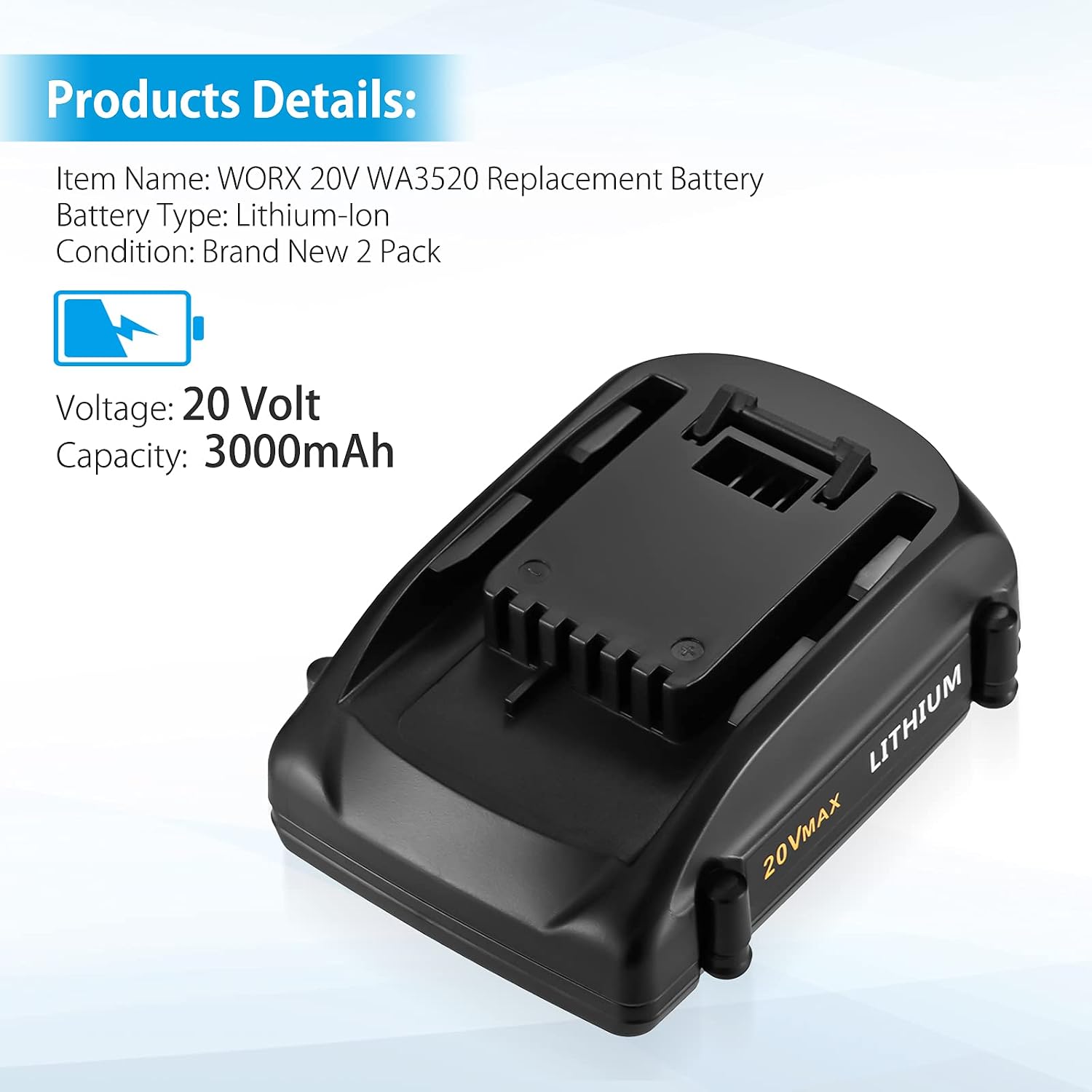 2 Pack 3.0Ah Replacement for Worx 20V Battery, Compatible with WA3578 WA3525 WA3575 WG151s Worx Battery for Worx 20V Power Tools, Replace for Worx 20V Lithium Battery and Worx 20V Battery Charger