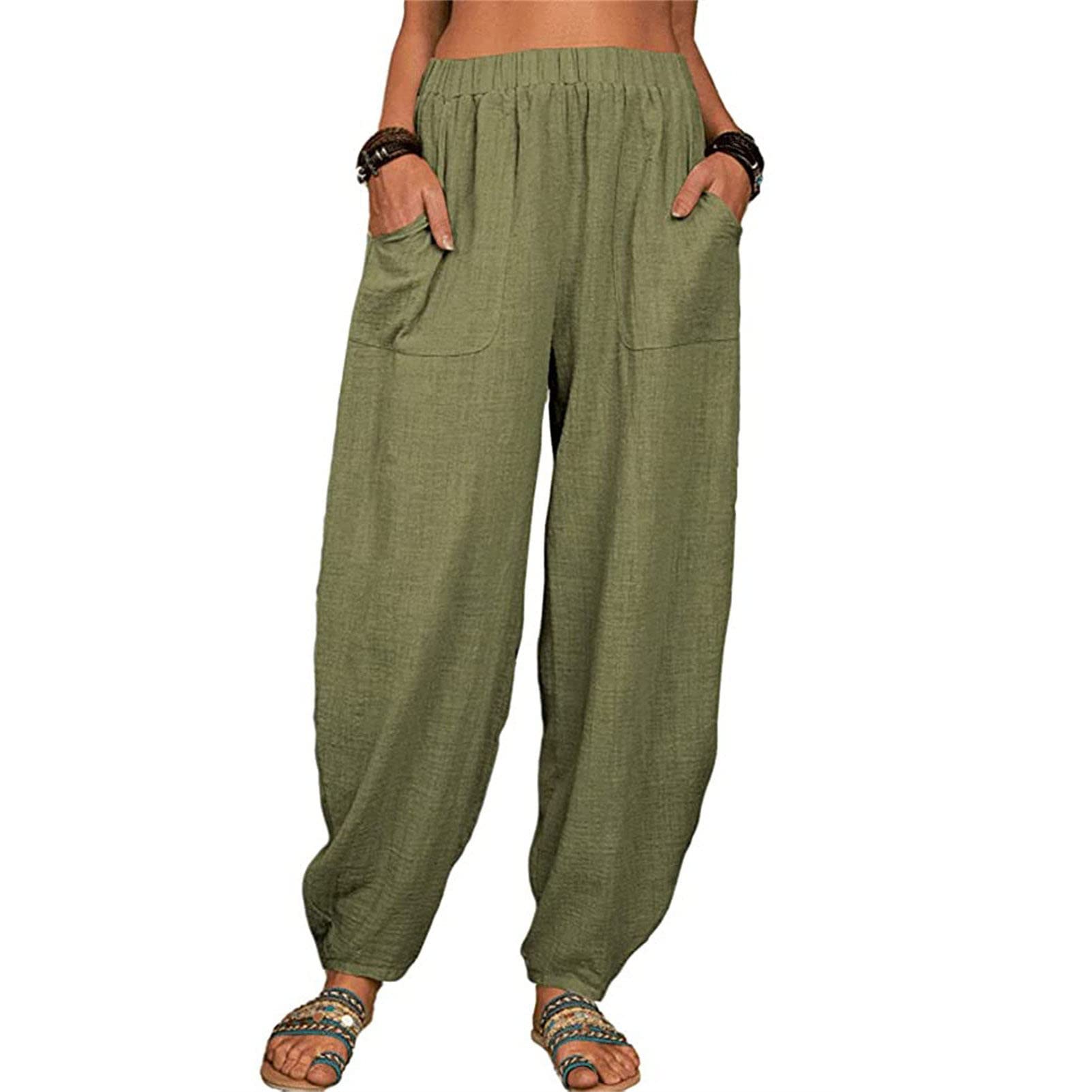 Maiyifu-GJ Women's Baggy Linen Wide Leg Pants Elastic Waist Casual Loose Long Trousers High Waisted Comfy Lounge Pant (Green,Large)