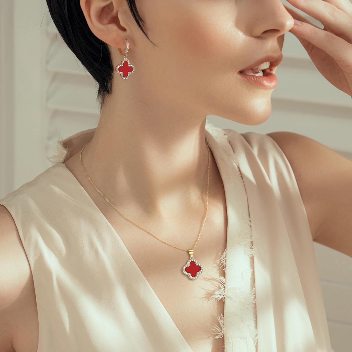 Clover Necklace and Clover Earrings Black White Green Red Pendant 18k Gold Plated Lucky Clover Jewelry Set for Women Trendy - Image 2