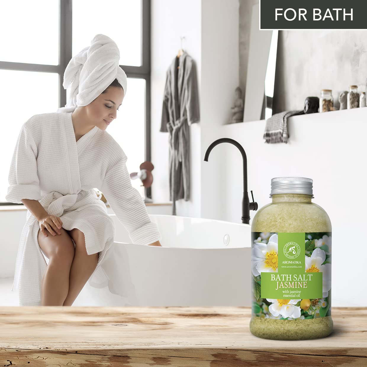 Sels de Bain Jasmin 600g - Sels Marins Aromatisés à l'Huile Essentielle de Jasmin - Sels de Mer Apaisantes et Hydratantes - Bain Relaxant - Soin du Corps - Bon Sommeil