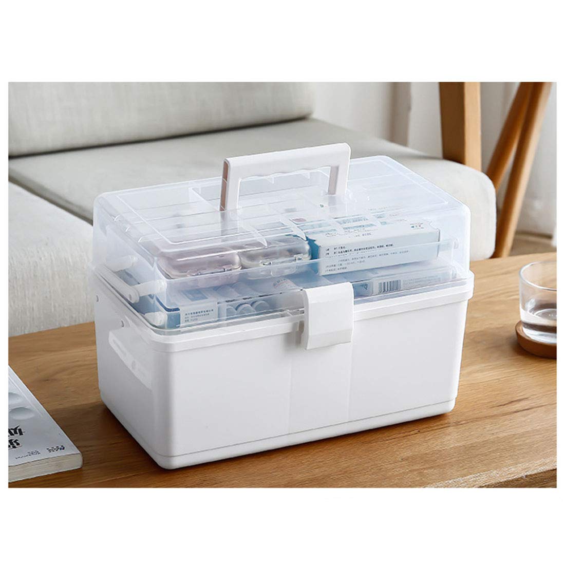 Gemsaya 3-planken voor het bewaren van medicijnen, huisapotheekbox met handvat, grote medicijnbox kunststof met deksel, afsluitbaar, medicijnbox voor thuis, kantoor, buiten, blauw