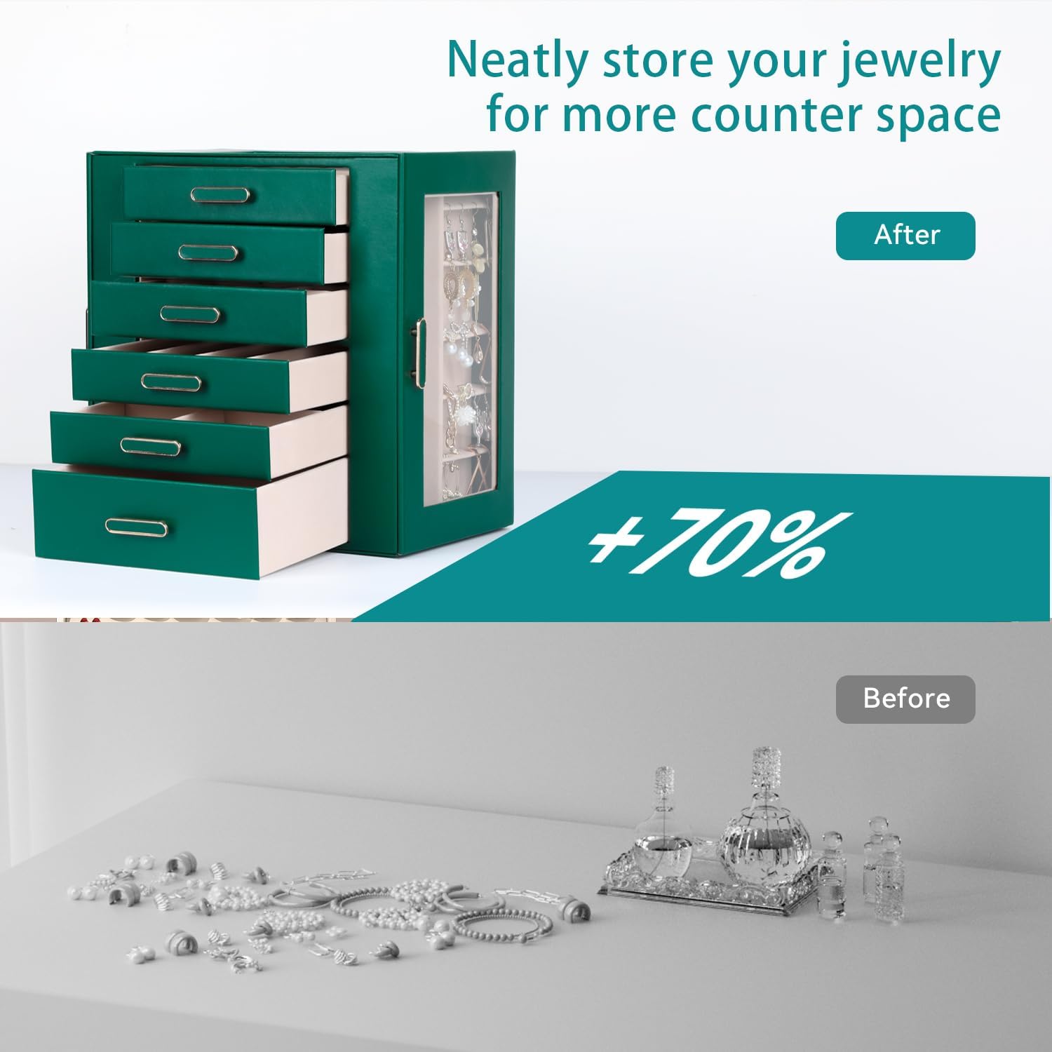 Jewelry Boxes for Women, 6 Layer Jewelry Organizer with Glass Lids, Jewelry Holder Organizer with 5 Drawers and 2 Glass Doors for Jewelry Storage, Big Jewelry Box for Womens Gift (Green) - Image 5