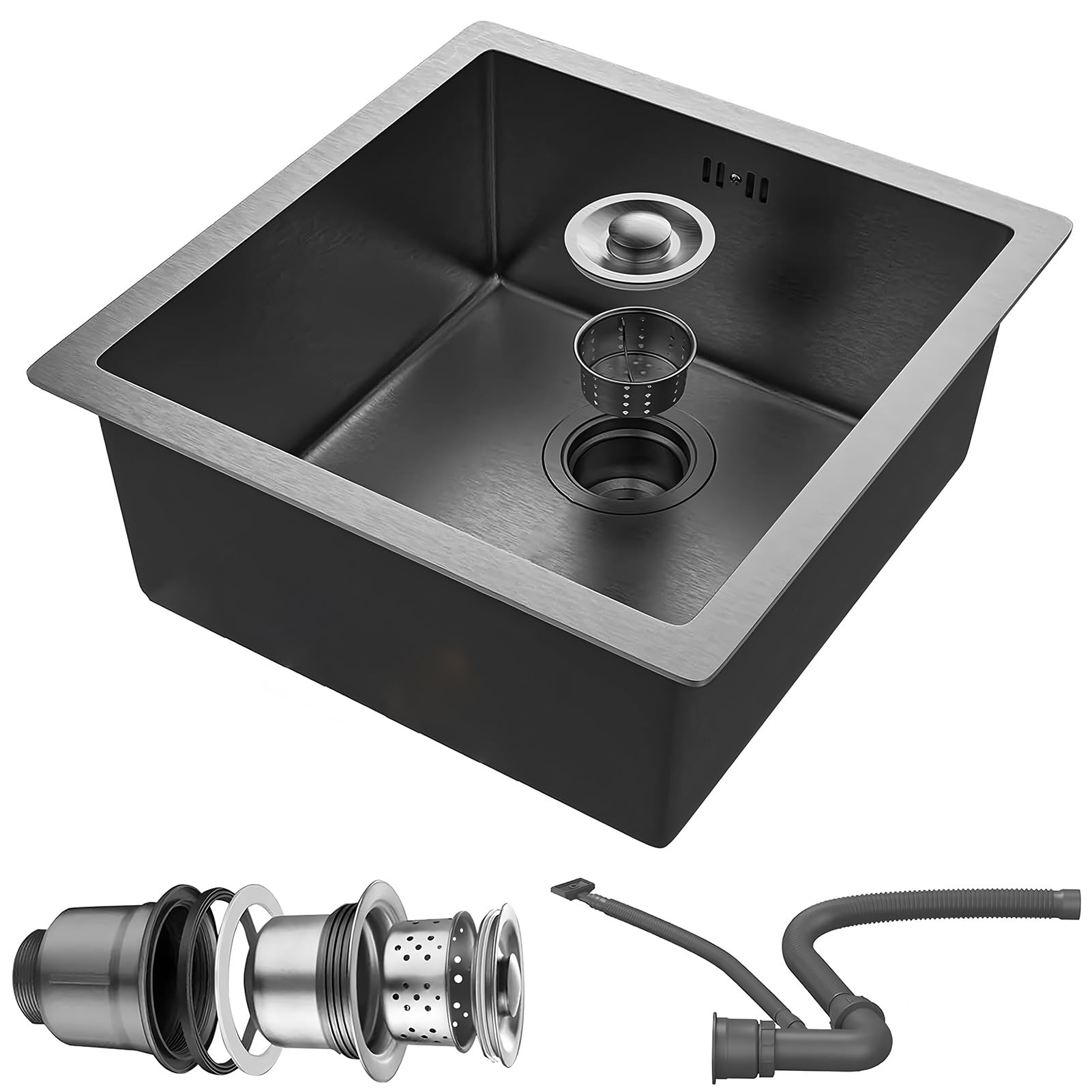 ZQFHSX Stainless Steel Kitchen Sink, Square Outdoor Campervan Sink,Undermount Sink Drop In, Topmount Single Bowl With Drainer Fittings(Black,38x38cm)
