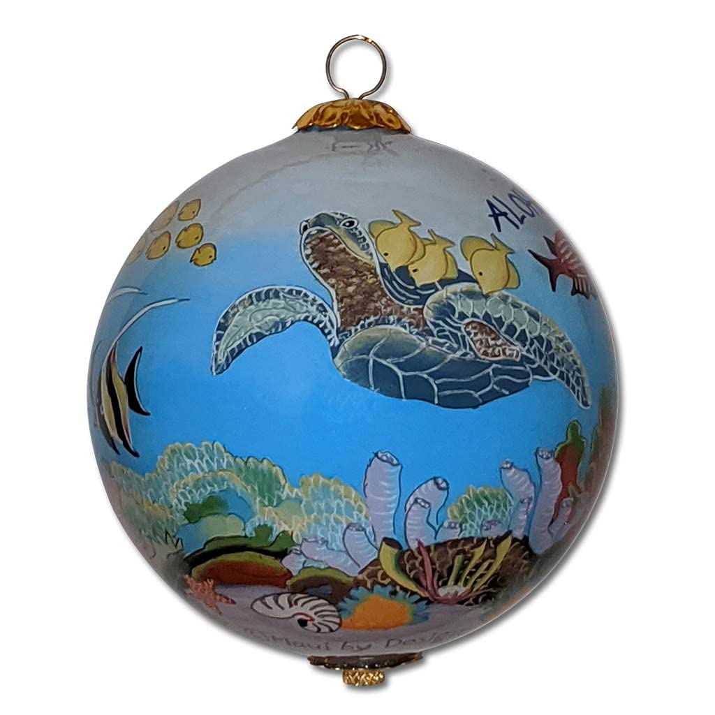 Collectible Glass Hawaiian Ornament with Fish, Corals and Sea Turtle Hand-Painted with Gift Box FCH/M