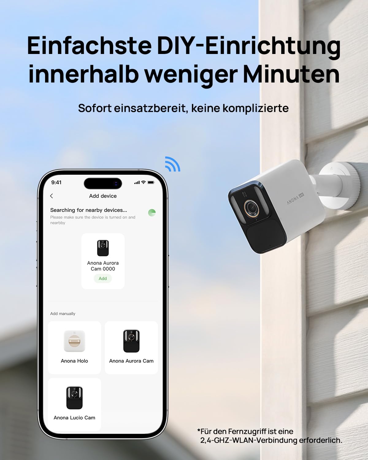 Anona Aurora 4K Solar Überwachungsset (4er-Pack) für Aussen, kabellos, 8MP Farb-Nachtsicht, 24/7-AOV, KI-Erkennung, Auto-Tracking, IP67, rundum geschützt