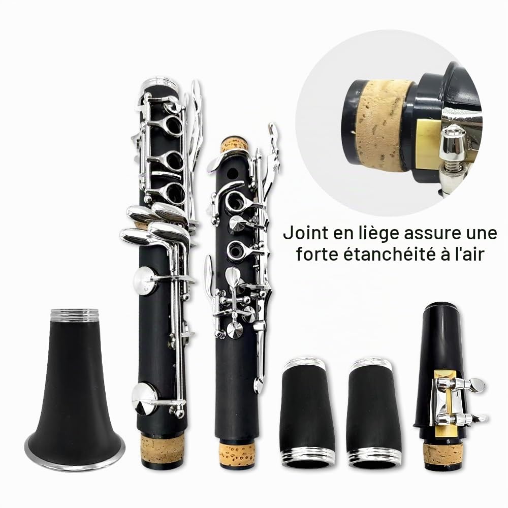 Yinfente Clarinette en Si Bémol pour Débutants et Étudiants, Noir, Ébonite, avec Étui de Clarinette, Kit de Nettoyage, Pie-Bouche, Graisse de Liège, 17 Touches, Standard
