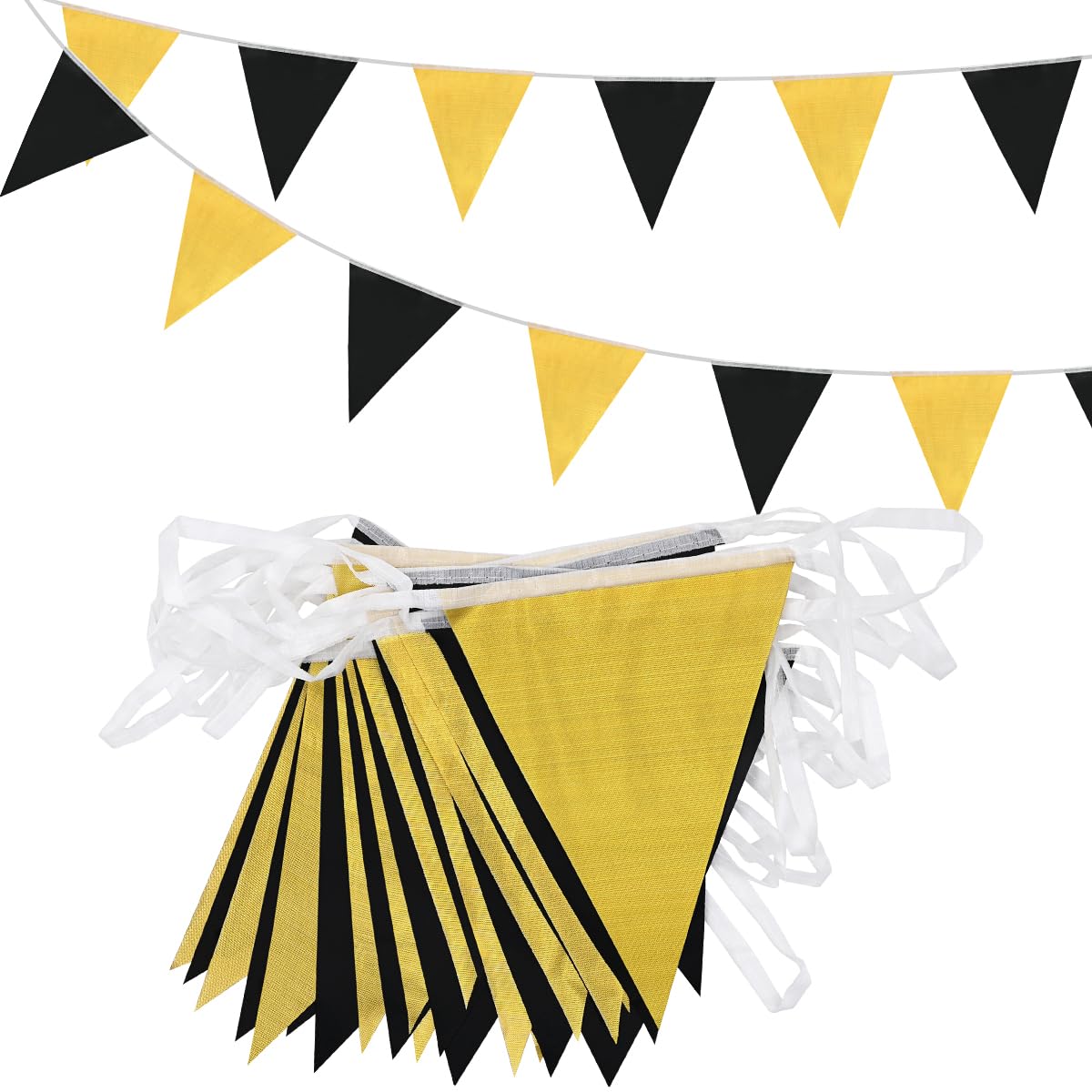 20m 52pcs Metallic Black Gold Bunting ADQUATOR, 16×21cm Polyester Fabric Reusable Triangle Flags Pennant Banner Supply for Indoor Outdoor Birthday Party Wedding Graduation Decorations