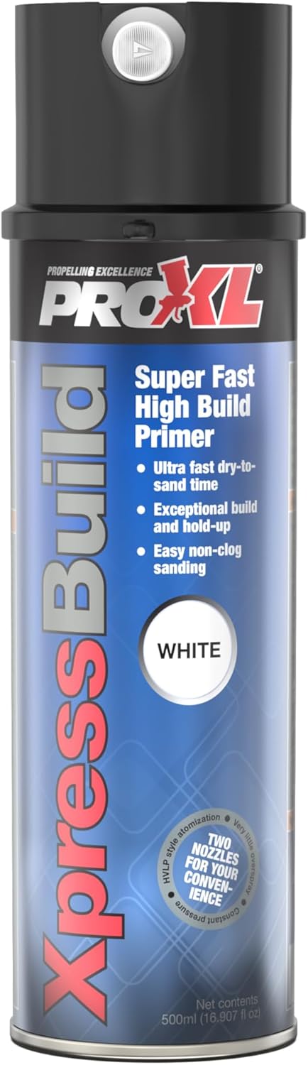 ProXL XpressBuild Super High Build White Primer Aerosol - 500 ml | Ultra Fast-Drying White Primer Filler | Fills Scratches & Sanding Marks | Excellent Adhesion on Metal & Plastic | Sandable in 20 Minutes | Vari-Nozzle Included