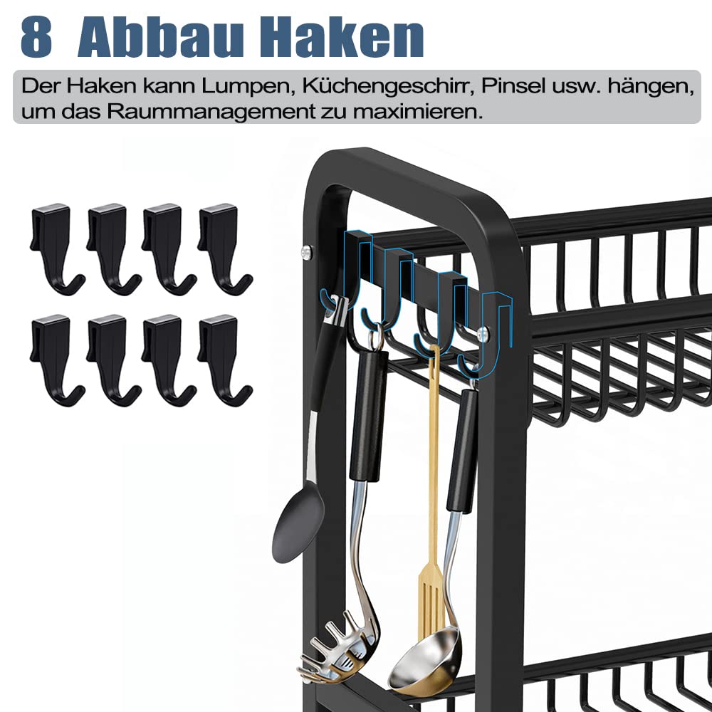 Gewürzregal,2 Etagen Küchenregal aus Metall mit 8 Haken,Küchenarbeitsplatte Organizer für Aufbewahrung Gewürzen,Ölflaschen,Kosmetik(Schwarz)