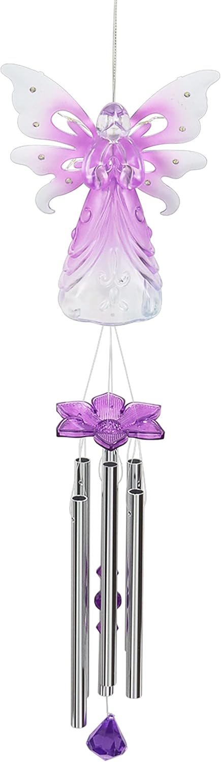 Exhart Wind Chimes, Solar Angel Wind Chime with Metal Wings, 13 LED Firefly Lights, Purple Acrylic Large Lawn and Yard Decoration, 6.5 x 4 x 42 Inch