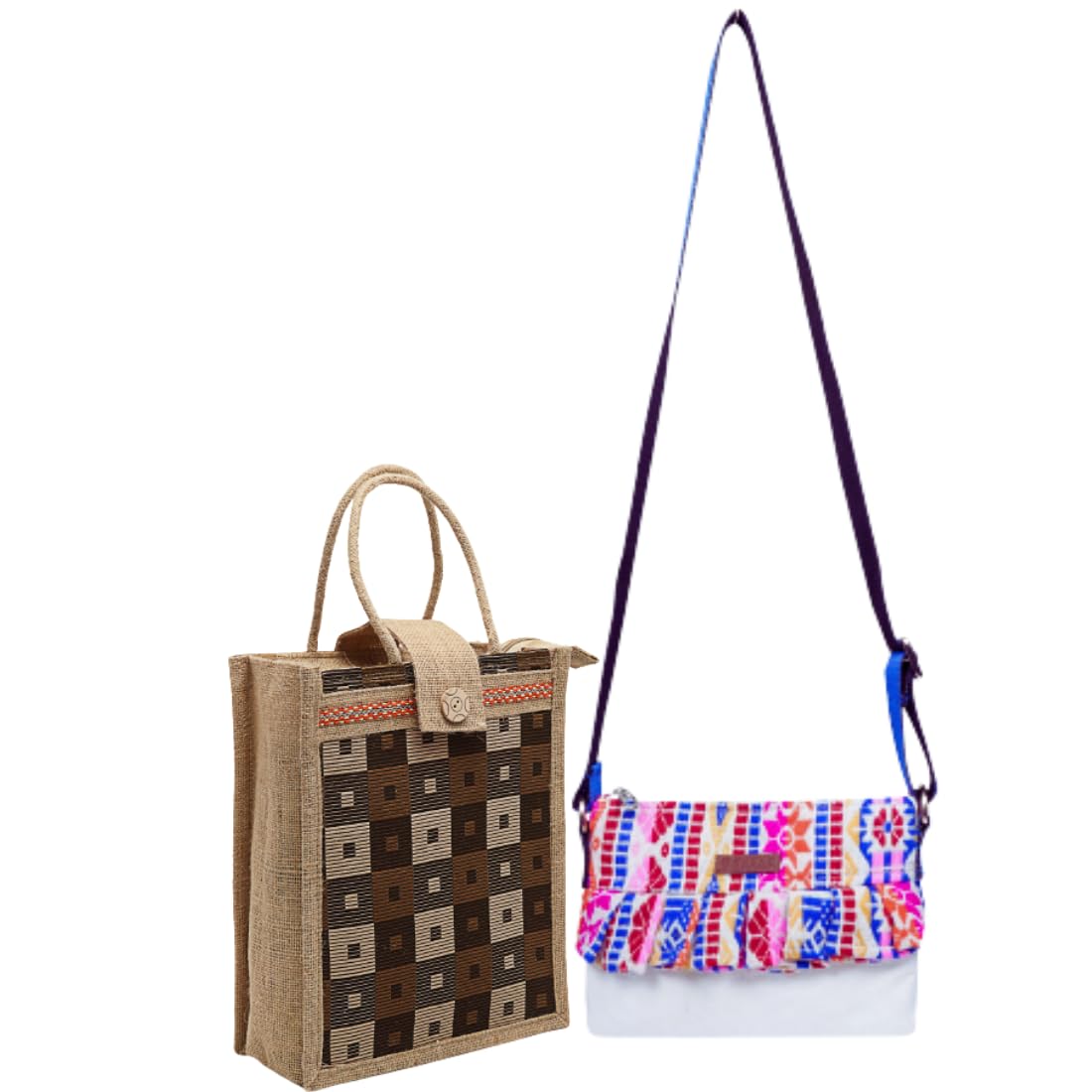 ENSAC Beautiful Ruffle style sling Combo Pack of 2 Jute Eco Friendly Multipurpose Tote Handbags With Double Handle, Zip Bags For Women(Multi)-03