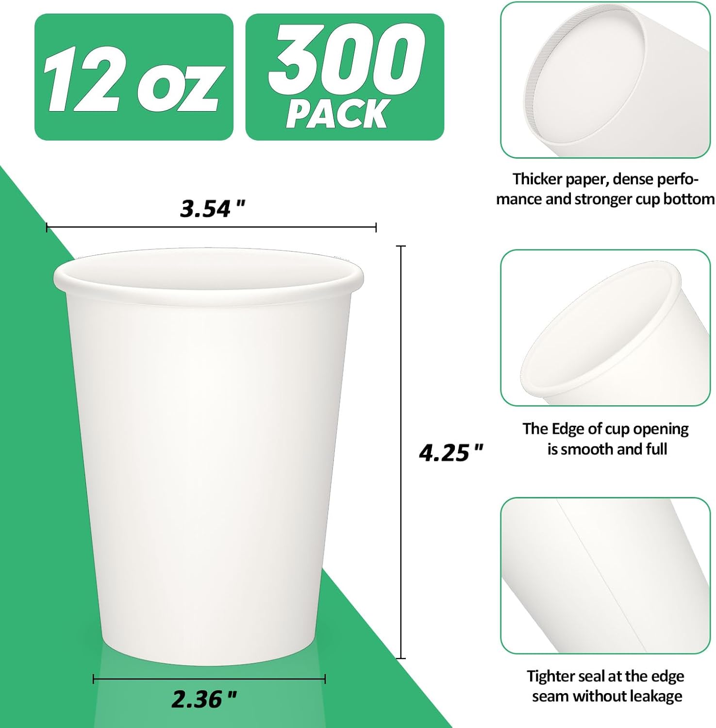 12 oz Paper Cups, 300 Pack 12oz Disposable Paper Coffee Cups, Coffee Cups 12 oz for Cold and Hot Drinks, White Paper Drinking Cups for Parties, Picnic, Cafes, Bistros and Events - Image 2