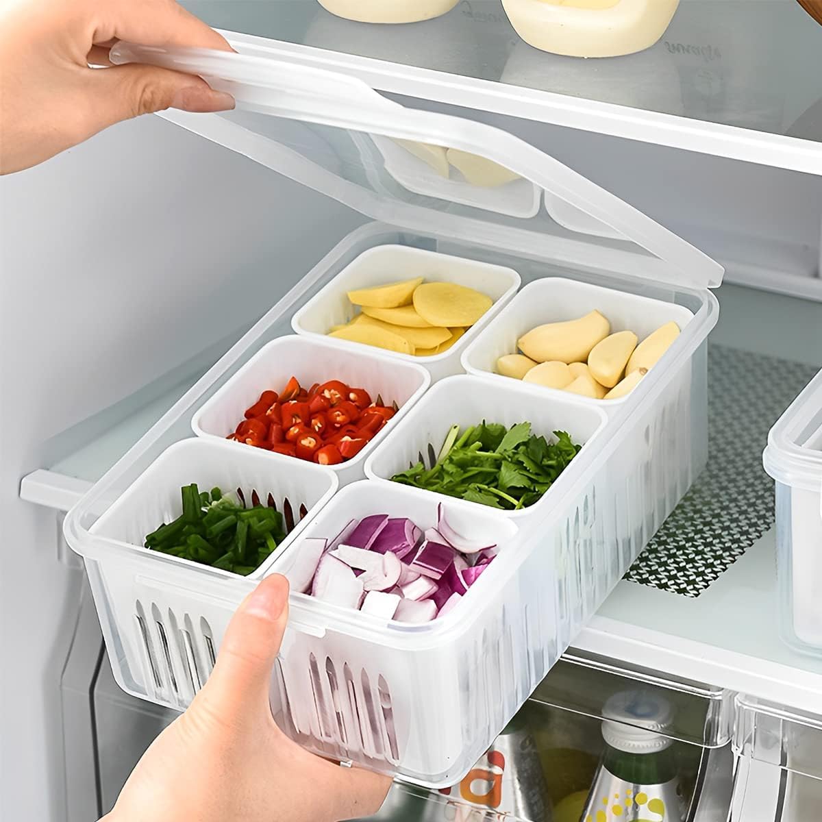 Rellon industries Fridge Food Storage Containers with Lids Airtight,Box Fridge Container, Grids Draining Crisper Divided Fruit Storage Container Ginger Storage Basket for kitchen (B0D4HKTMXW) Amazon Price History, Amazon Price Tracker
