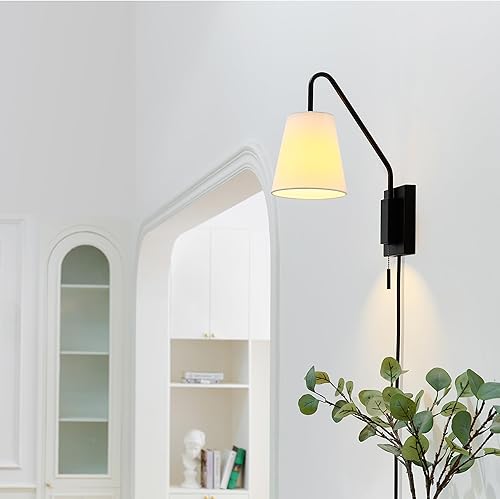 Miniatura 3 de Globe Electric 65000043 Aplique de pared con 1 luz, negro mate, pantalla de tela blanca, brazo oscilante, cable de tela trenzada negro de 6 pies,