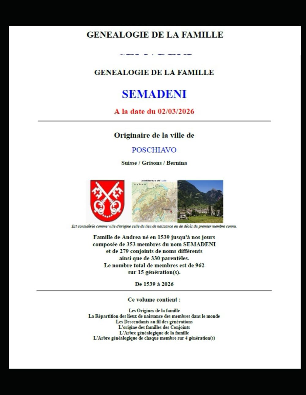 Généalogie et arbres de la Famille SEMADENI de Andréa (1539) à nos jours - Tome III