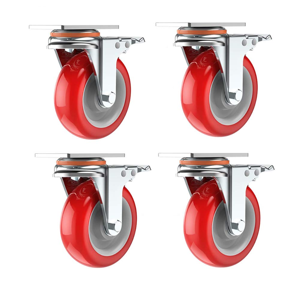 Zguouzantye 4 With Brake Caster Wheels 3 4 5 Inch Heavy Duty Pu Universal Swivel With Brake Double Bearing Industrial Transport Trolley Furniture Pcs Red(,4 Inch)