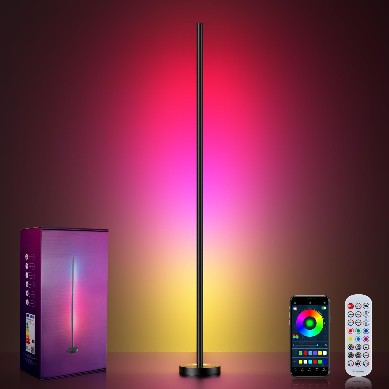 Photo 1 of OIYN Smart RGBICW LED Corner Floor Lamp - 16 Million DIY Colors, 68+ Scenes, Music Sync, App & Remote Control, Color-Changing Ambient Lighting for Living Rooms, Bedrooms, and Gaming Rooms