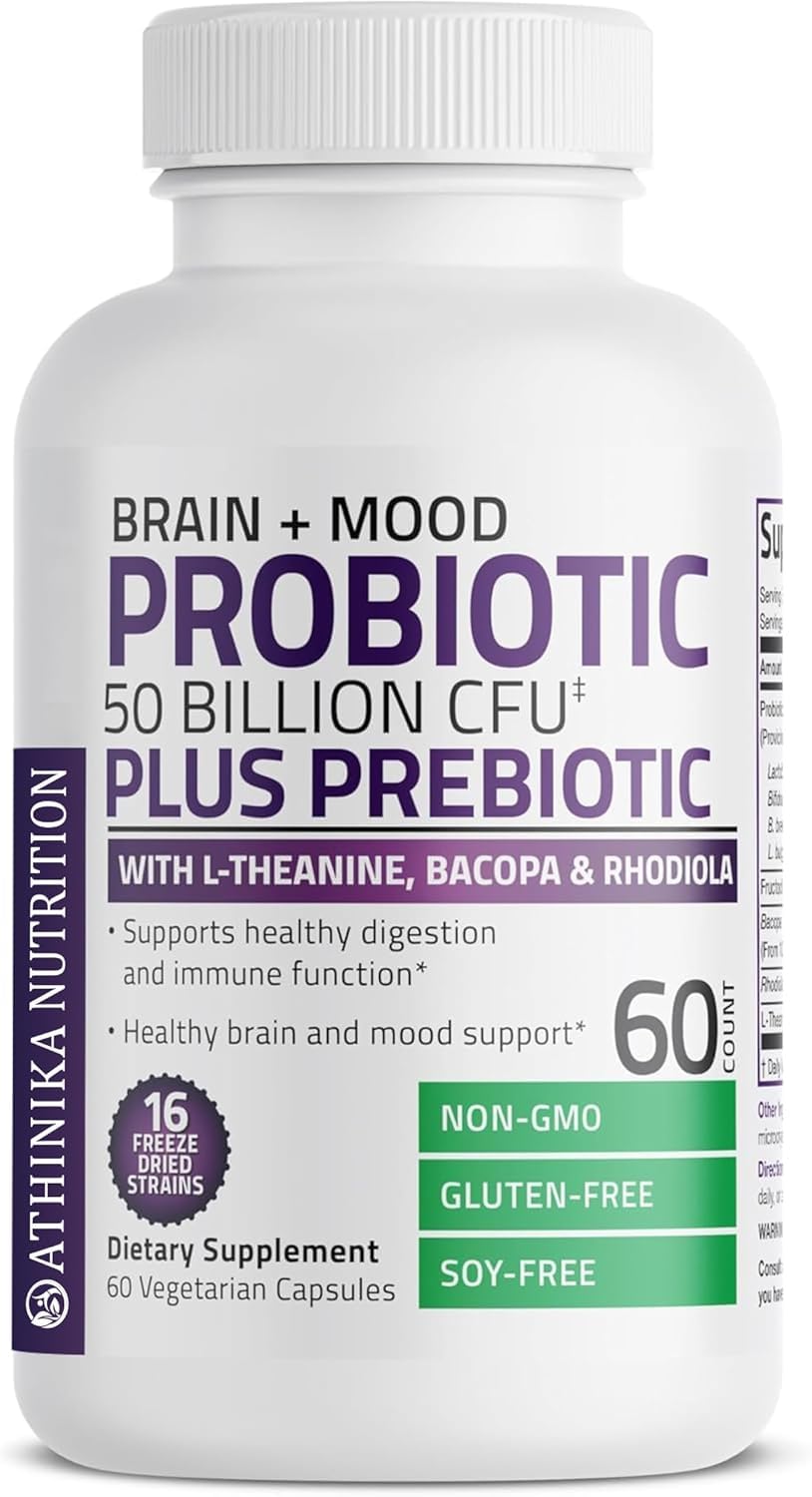 Brain + Mood Probiotic 50 Billion CFU Plus Prebiotic with L-Theanine, Bacopa and Rhodiola Non-GMO, 60 Vegetarian Capsules-picture-25