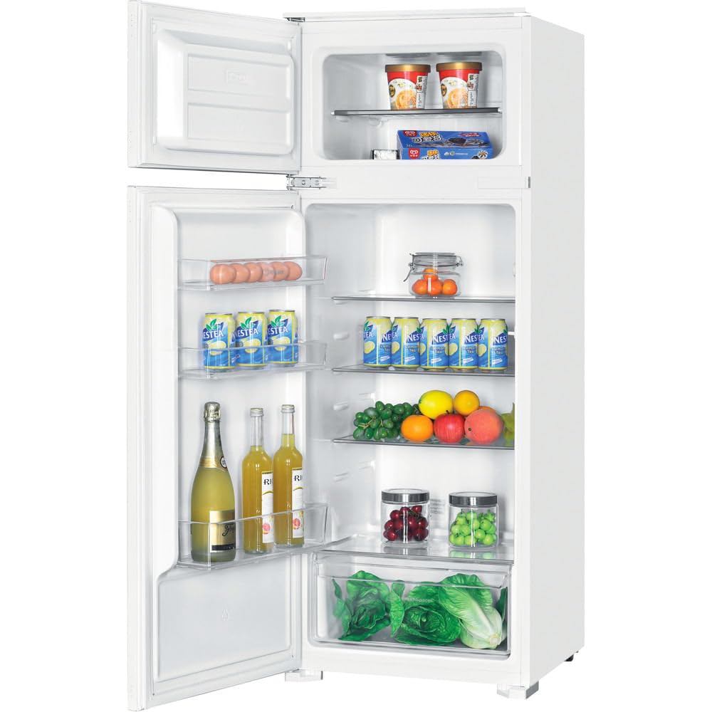INDESIT D 2040 E - Frigorifero Combinato Doppia Porta 205L, Frigorifero da Incasso con 4 Ripiani e Cassetto, Frigo con Congelatore Integrato in Alto, Elettrodomestici Cucina Classe E, 54L x 144H x 54P