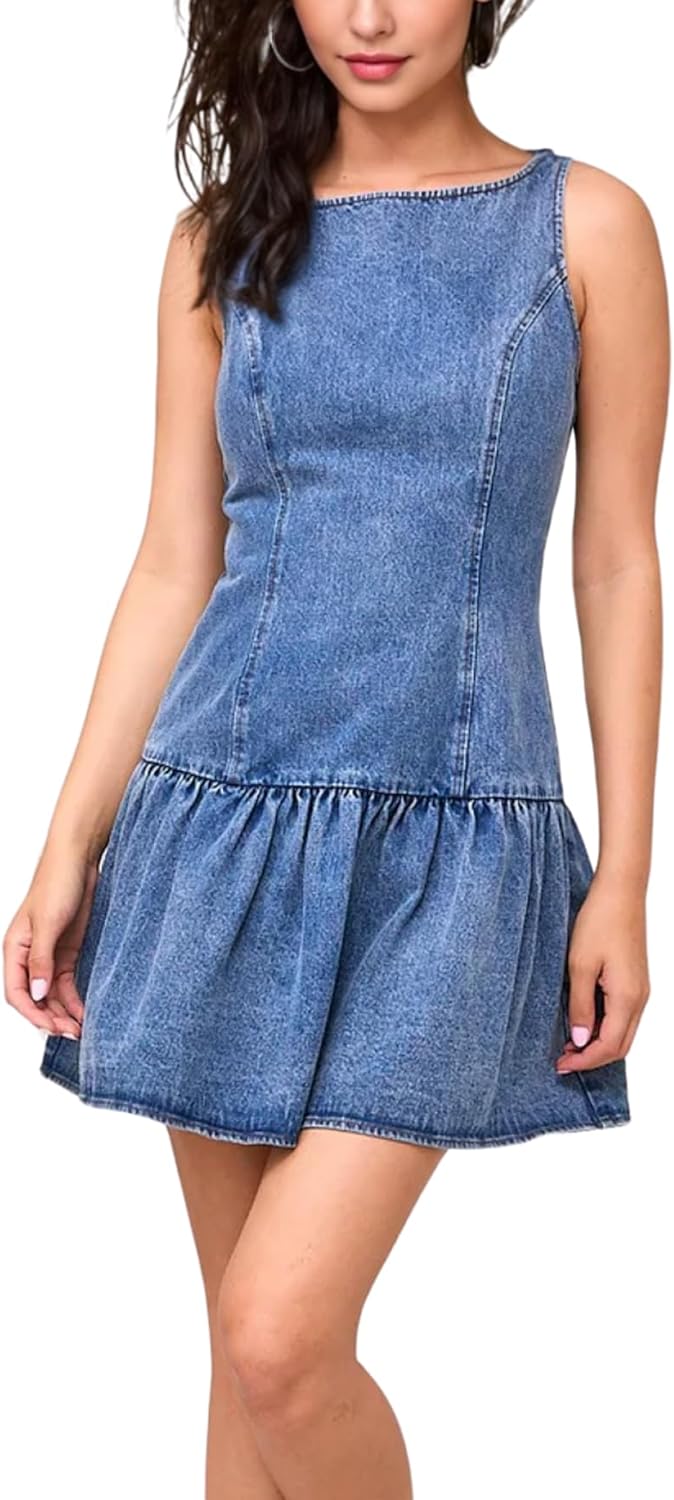 Sleeveless bodycon mini denim dress, boat neck, stretchy, flare
