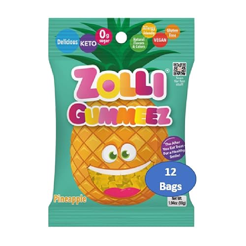 Zolli Gummies Piña - Delicioso caramelo sin azúcar, sin alergias, KETO, vegano para dientes limpios, 12 paquetes de 1.94 onzas para una indulgencia