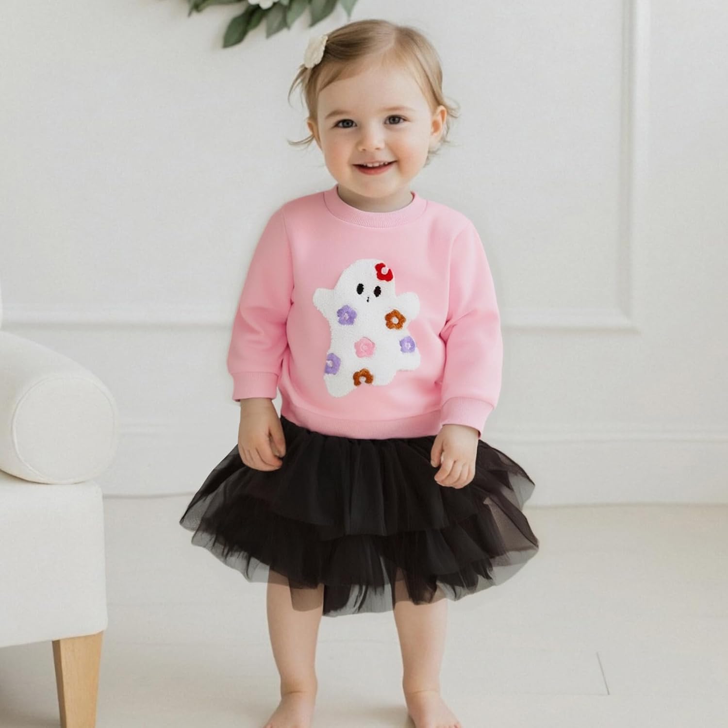 Fernvia Toddler Baby Girl Halloween Outfit Ghost Embroidery Long Sleeve Sweatshirt Tulle Skirt Set Fall Winter Clothes - Image 2