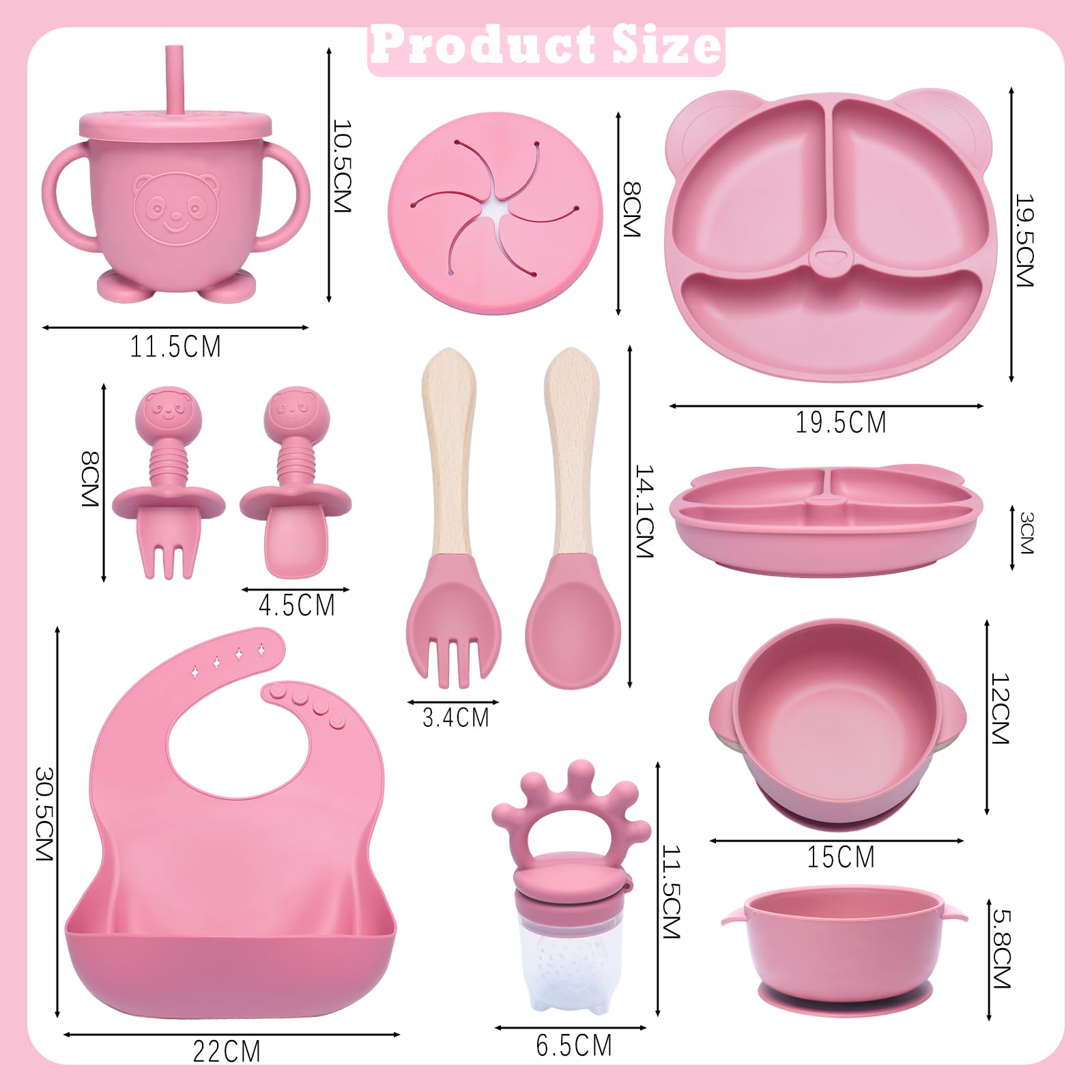 Juego de 10 piezas para beber y comer, silicona, plato ventoso, babero, tenedores, para destetar (rosa)