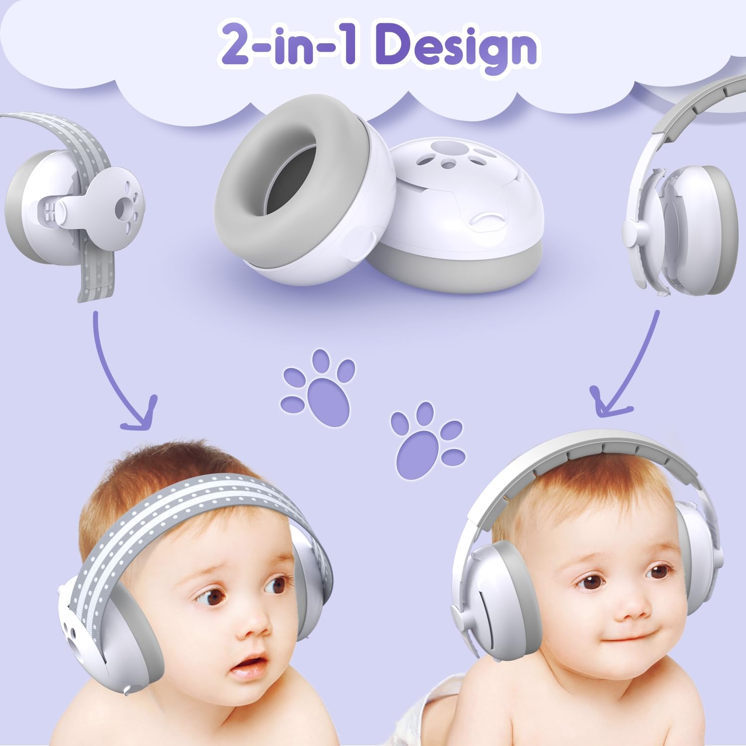 Casque Bébé Anti-Bruit 2 en 1, Bébés et Tout-Petits jusqu'à 60 Mois, Certifié CE, Confortable et Réglable, Blanc