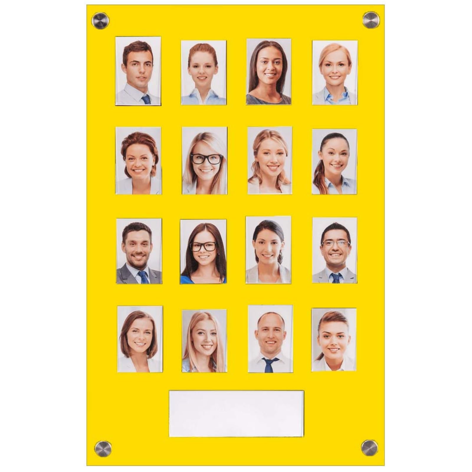 Get Acrylic Photo Frames - Yellow 16 Pocket Image Staff, Student, Employee Display Board With Pocket Header. 506mm Height x 328mm Width (50.6cm x 32.8cm)